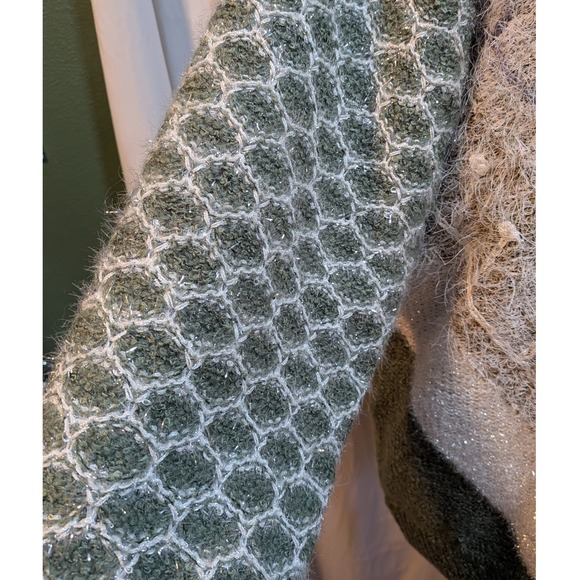 Boho Cottagecore Chunky Fuzzy Green White Sparkle Knitted Cardigan Jacket Snaps‎ - Picture 9 of 13